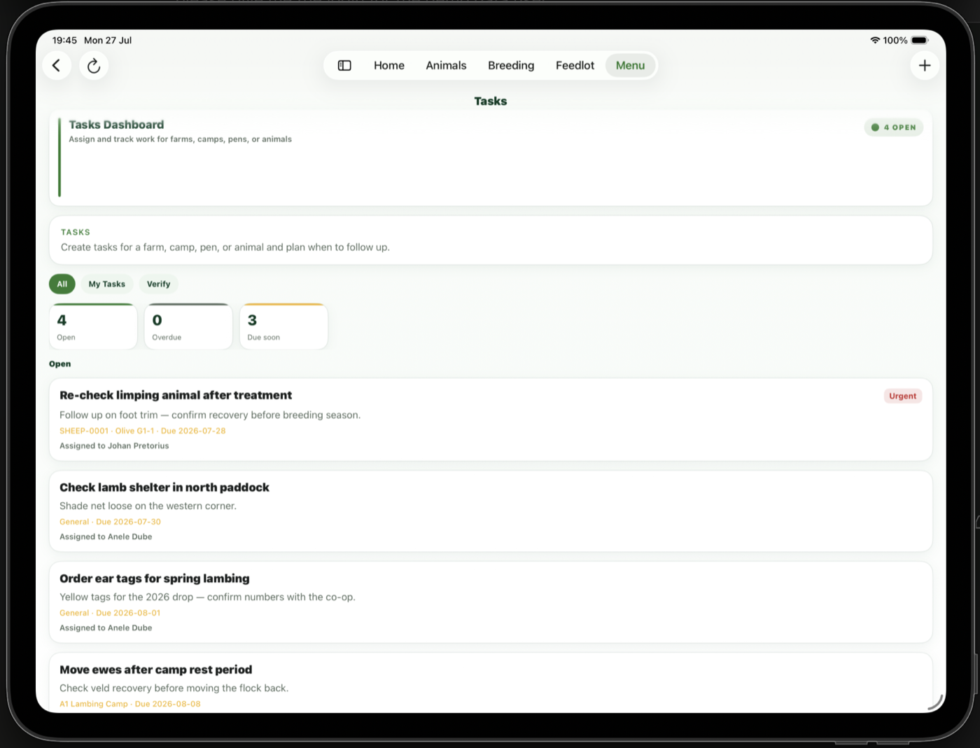 AgriHerd Tasks on tablet