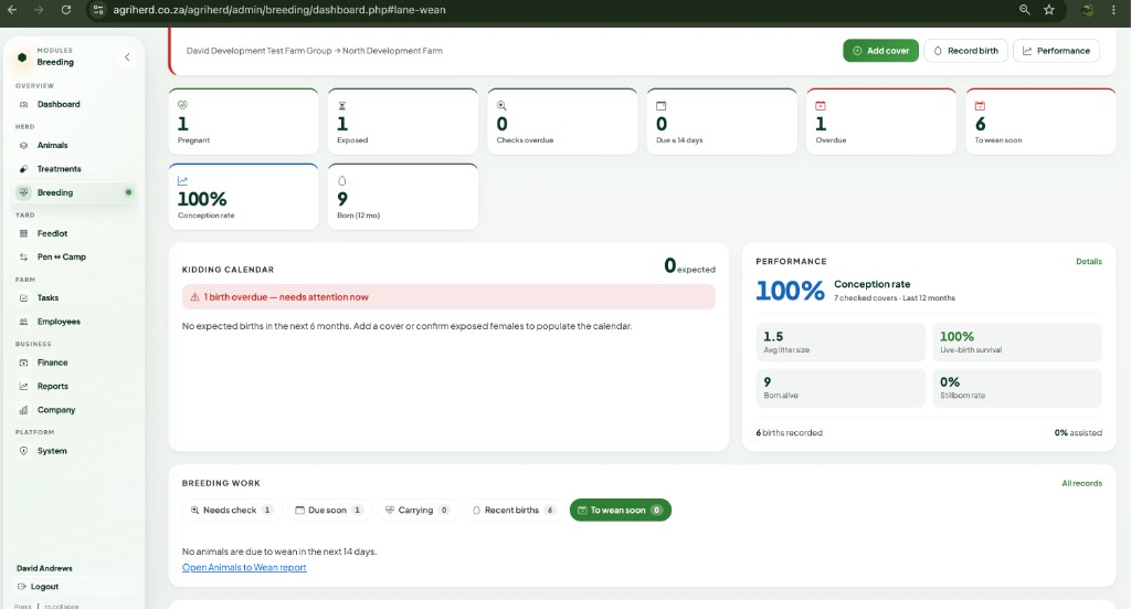 AgriHerd breeding dashboard showing animals to wean and open tasks